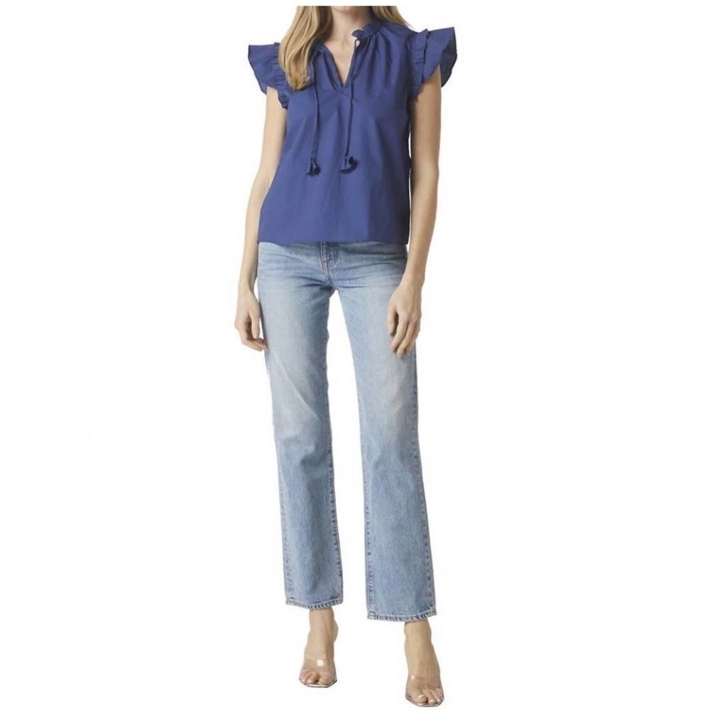 MISA Los Angeles Basia Top XL Indigo Blue Ruffle V-Neck Tie Front Flutter Blouse